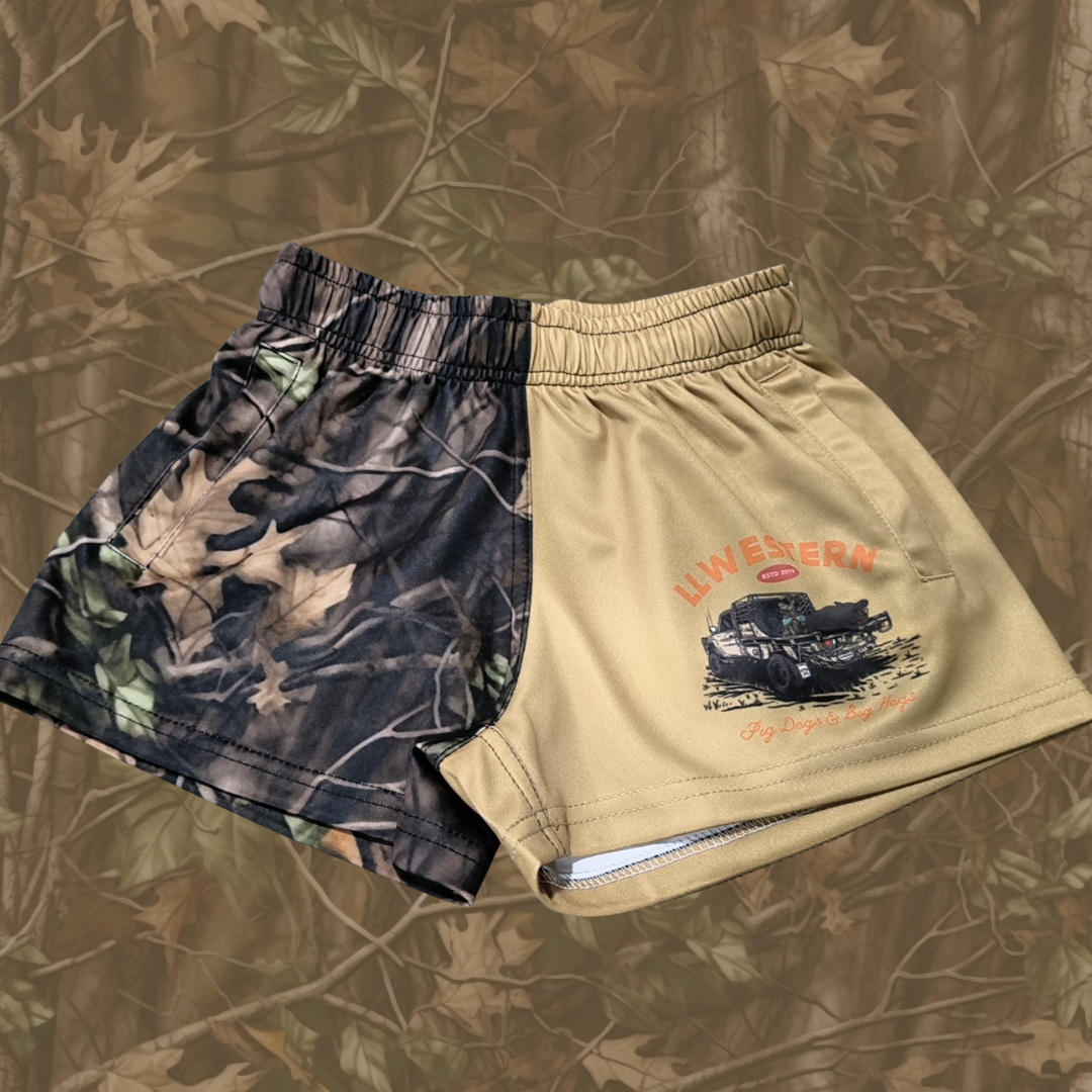 PREORDER CLOSED - 'Pig Dogs & Big Hogs' Camo Footy Shorts